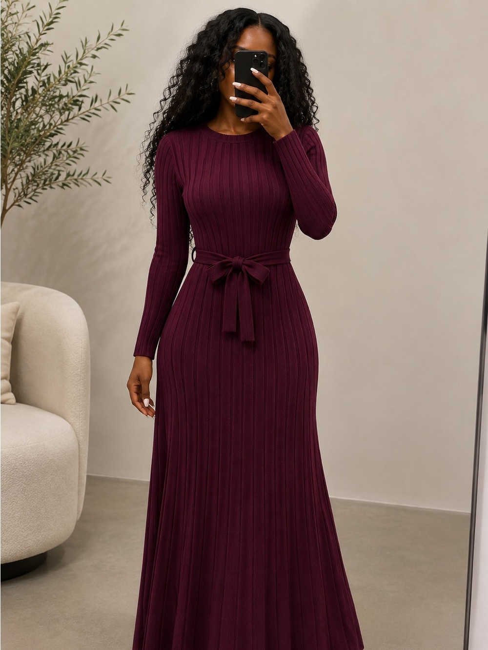 SHEIN Ribbed Long Sleeve Maxi Dress with Waist Tie - Burgundy
